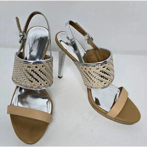 Coach Steffi Woven Slingback Stiletto Heels Silver Metallic Tan Leather 11 B